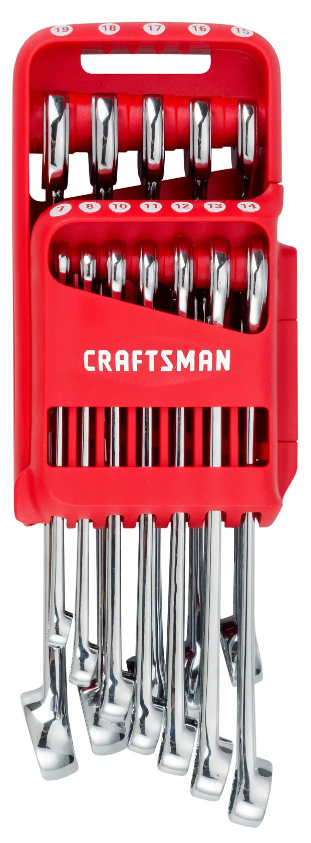 Photo of Craftsman SKU CMMT87325V wrench set in red holder, chrome finish, front angle, white background.