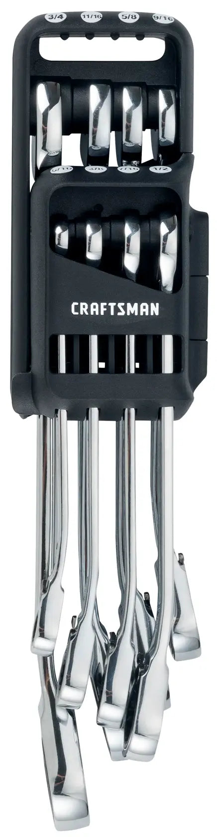 Craftsman wrench set CMMT87350V with chrome wrenches in black holder, front angle, white background.
