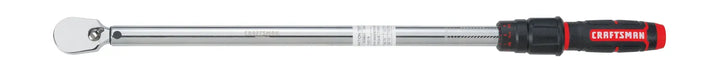 Photo of Craftsman torque wrench CMMT99434, chrome finish, black and red handle, side angle on white background.