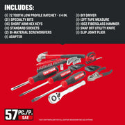 Photo of Craftsman 57-piece SAE mechanics tool set CMMT99447, including screwdrivers, sockets, ratchet, hammer, tape measure.