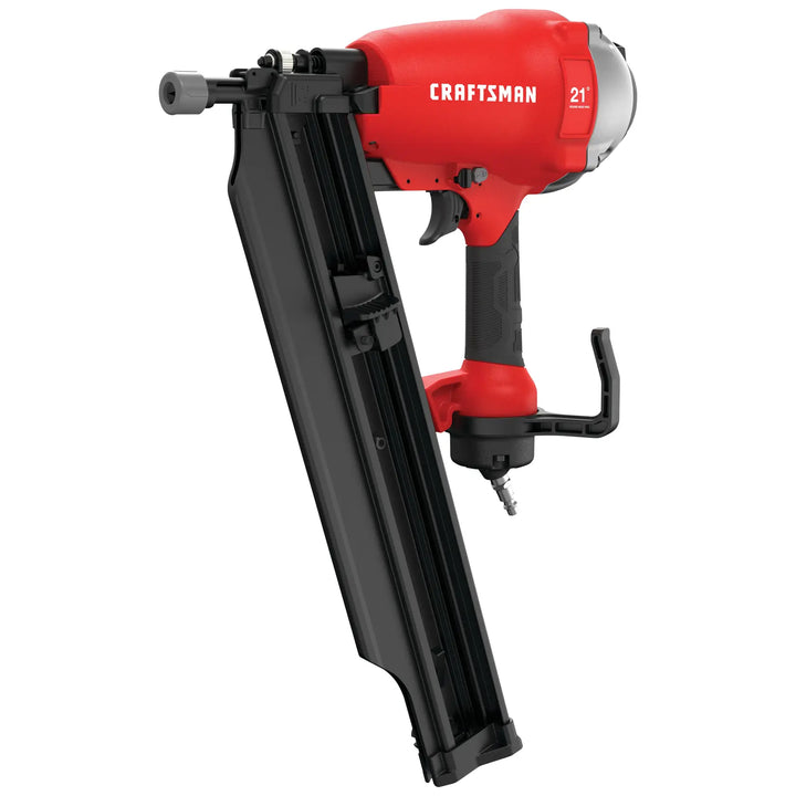 Photo of Craftsman CMP21PL pneumatic framing nailer, red and black, side angle on white background.