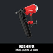 Photo of Craftsman nailer CMP21PL, red and black, shown at angle, designed for framing, sheathing, and bracing.