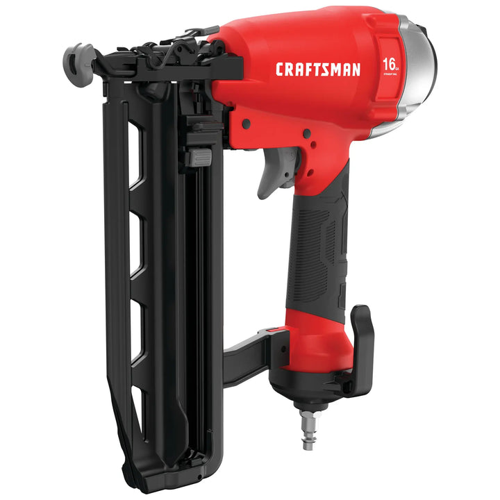 Photo of a Craftsman CMPFN16K pneumatic finish nailer, red and black, side angle on white background.