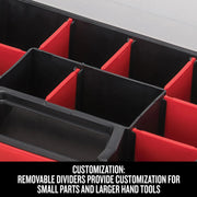 Craftsman graphics CMST14021 closeup of organizer compartments with removable red dividers for customization.