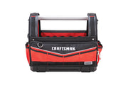 Front angle photo of Craftsman CMST17621 red and black open tool bag with metal handle and exterior pockets.