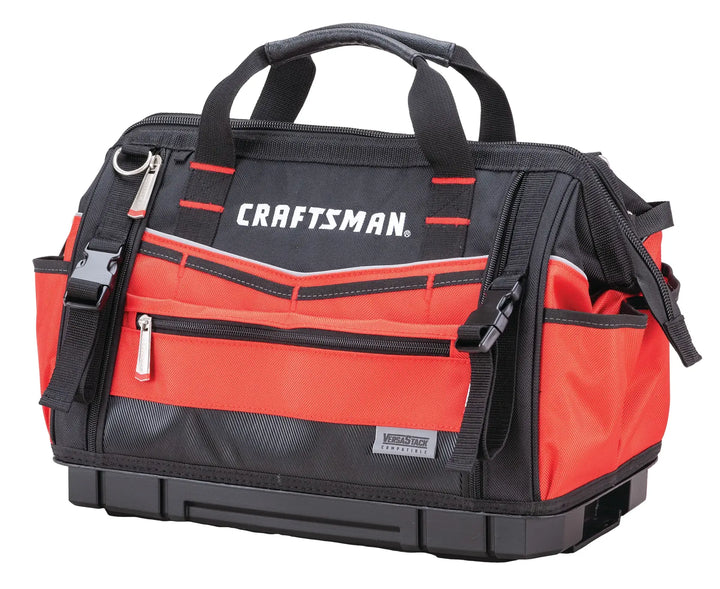 Photo of Craftsman CMST17622 tool bag, red and black fabric with multiple pockets, carrying handles, white background.