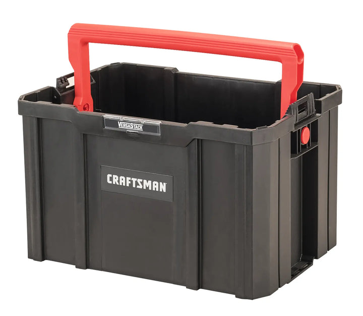 Craftsman CMST17809 black open tool tote with red handle, front angle, on white background.