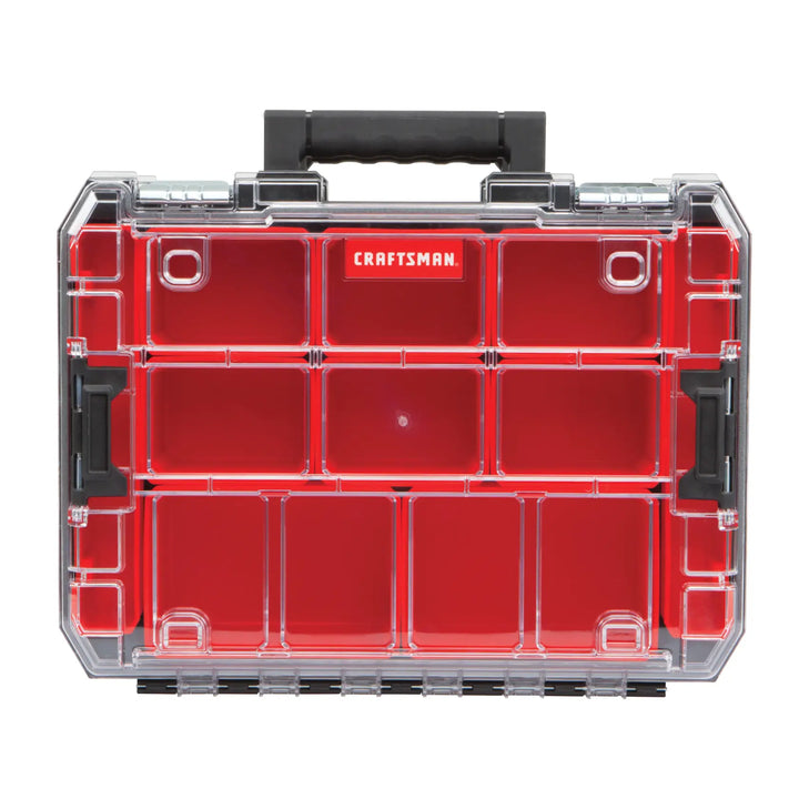 Front angle photo of CRAFTSMAN red and clear plastic organizer case with black handle, SKU CMST17817.