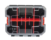 Photo of Craftsman small parts organizer CMST17827, black with clear lid and red dividers, top angle.