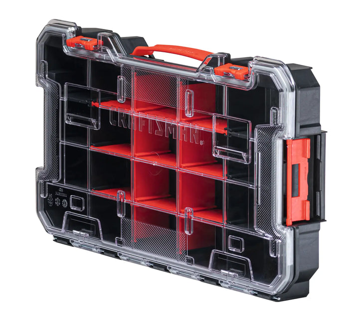 Craftsman organizer case CMST17828 with clear lid, red dividers, front angled photo on white background.