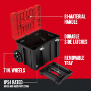 Craftsman rolling tool box CMST17835 with red lid, black body, 7 in. wheels, side latches, removable tray.