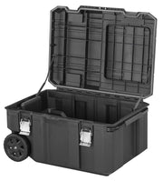 Craftsman rolling tool box CMST17870, black plastic, open lid, silver latches, side angle, white background.
