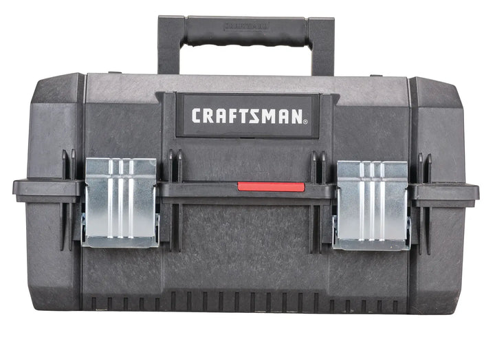 Front view of CRAFTSMAN CMST18001 black plastic toolbox with metal latches and central carrying handle.
