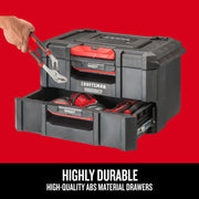 Craftsman CMST21404 drawer toolbox in black and red, front angle, shown with tools inside drawers.