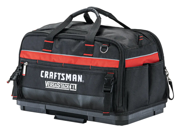 Photo of Craftsman tool bag, black with red trim, front angle, SKU CMST21450, VersaStack XL model.