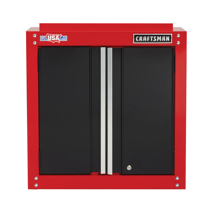 Front view of Craftsman wall cabinet CMST22800RB, red frame with black double doors and silver handles.