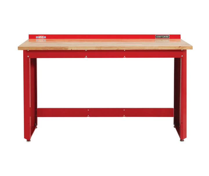 Front view photo of Craftsman workbench CMST27200R with red steel frame and wood top.