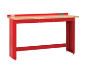 Photo of Craftsman workbench with red steel frame and wood top, SKU CMST27200R, front angle on white background.