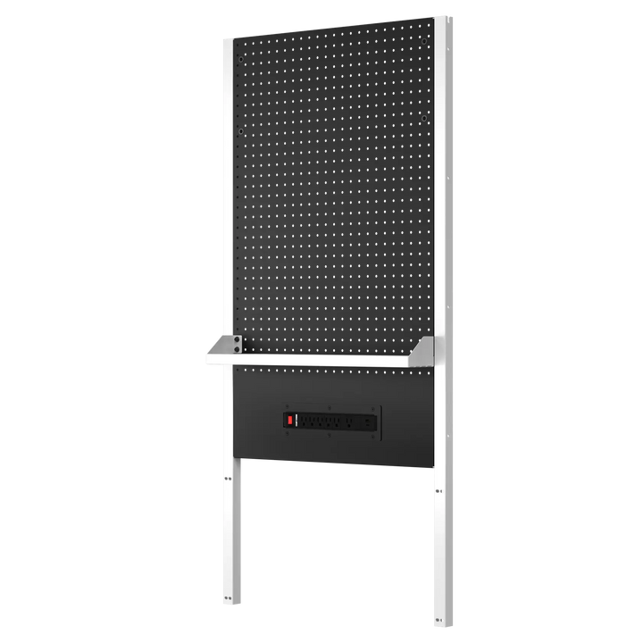CRAFTSMAN CMST32600WB workstation pegboard with a black metal panel, white support frame, integrated power strip, and small shelf for storage.