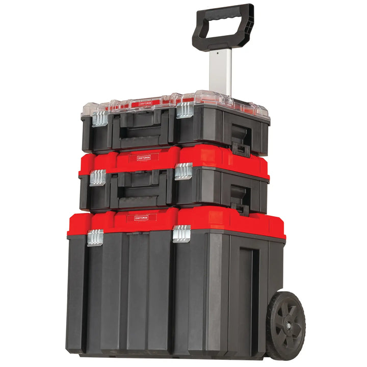 Photo of Craftsman CMST60403 black and red rolling tool box stack with handle, front angle on white background.
