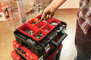 Photo of CRAFTSMAN CMST60403 organizer box with red compartments holding assorted hardware.