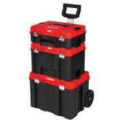 Photo of CRAFTSMAN CMST60406 rolling black and red plastic modular tool box stack with handle, front angle.