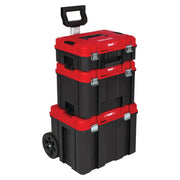 Photo of Craftsman rolling tool box stack CMST60406, black and red, front angle, three compartments.