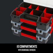 Craftsman graphics CMST60964M stackable organizer boxes, black and red, ten compartments, top angle.