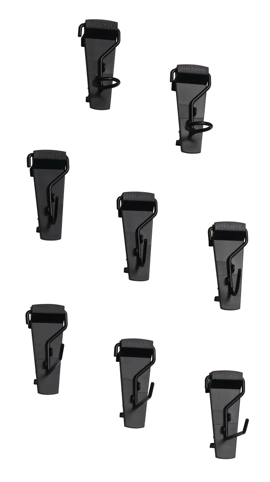 Photo of eight black Craftsman hooks, SKU CMST82617VT, wall accessory set, front angle on white background.