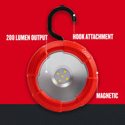 Photo of Craftsman magnetic LED work light with hook, 200 lumen output, SKU CMST98187, front view.