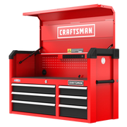 Front angle photo of Craftsman red tool chest with open top, drawers, and SKU CMST98269RB.