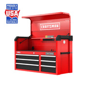 Front angle photo of Craftsman red tool chest CMST98269RB with open lid and multiple drawers on white background.