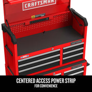 Photo of Craftsman red tool chest with centered power strip, front angle, SKU CMST98269RB.