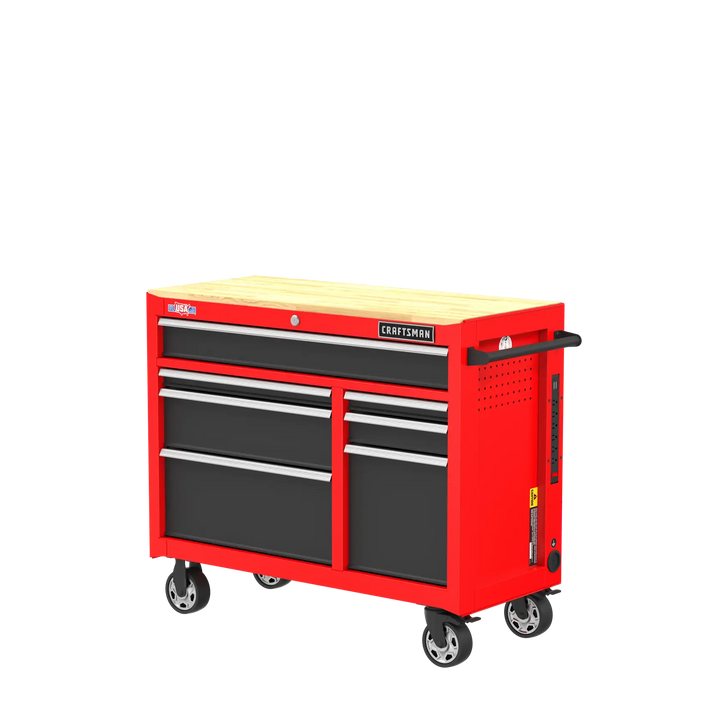 Photo of Craftsman rolling tool chest CMST98271RB, red and black with wood top, angled on white background.