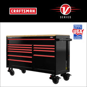 Craftsman CMSTVS6311BK V-Series black tool chest with red drawers, wood top, front angle on white background.