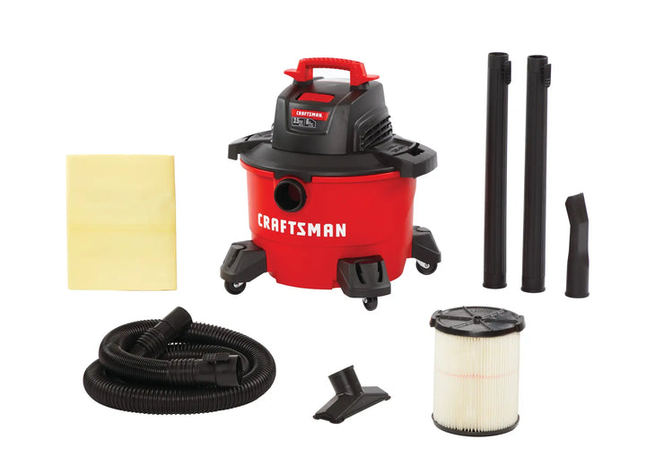 CRAFTSMAN CMXEVBE17584 wet/dry vacuum with filter, hose, extension wands, nozzle, and dust bag, front angle.