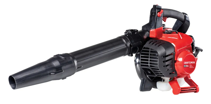 Craftsman gas leaf blower CMXGAAMR7BVM side angle, red and black body, black nozzle, white background.