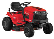 Craftsman T100 riding lawn mower 36-inch with red body and black seat, white background beauty shot front angle.