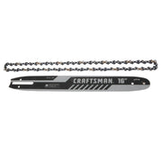 Photo of Craftsman chainsaw bar and chain, model CMXGZAM700126, 16-inch, black and gray, top-down angle.