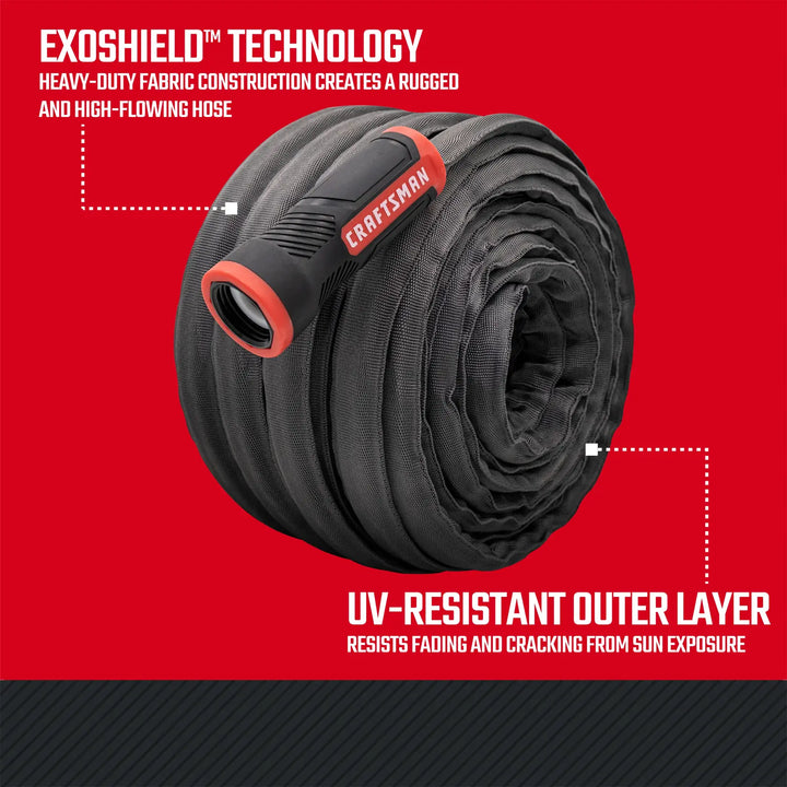Black and red craftsman heavy-duty fabric hose, 100-foot by 5/8 inch. Featuring UV-resistant exoshield technology graphic