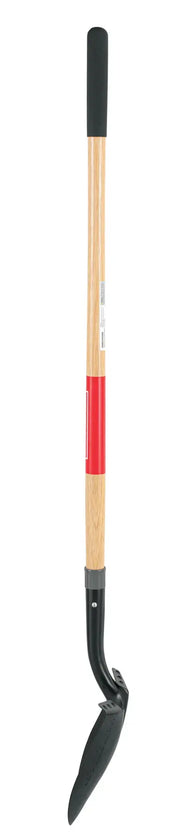 A long-handled garden tool with a wooden handle, red grip area, and a black metal blade designed for digging or edging soil.