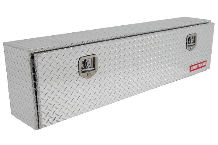 Craftsman CMXTBAD64019032 aluminum diamond plate truck toolbox, front angle, two latch handles