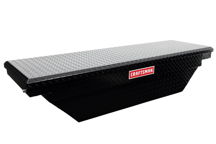 Photo of Craftsman CMXTBAD73217204 black aluminum truck tool box, diamond plate design, side angle.