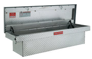 Photo of Craftsman CMXTBAK1000901 aluminum diamond plate truck tool box, open, front angle, white background.