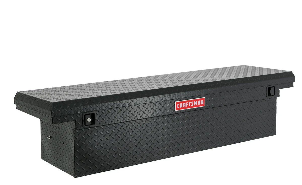 Craftsman CMXTBAK1055301 black diamond plate truck tool box, front angle, white background.