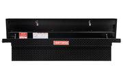 Open black CRAFTSMAN truck tool box with diamond plate pattern, showing interior and warning labels.