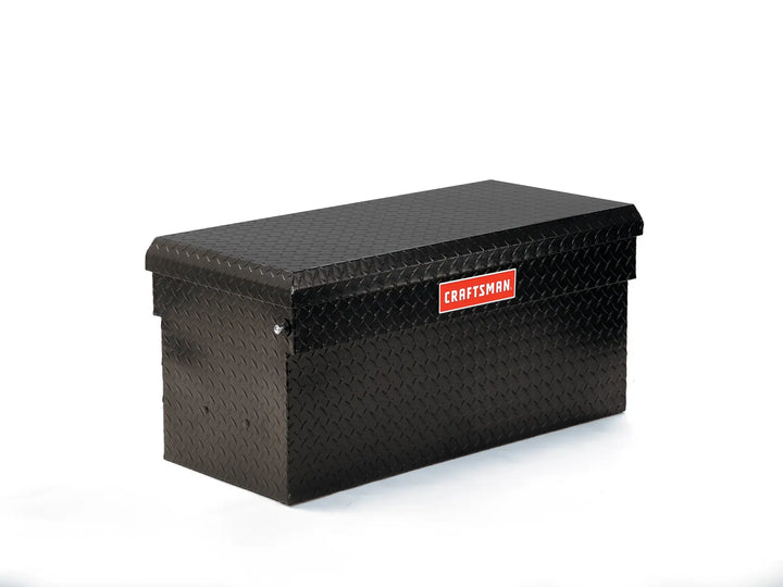 Craftsman black diamond plate steel jobsite box CMXTBAK4005301, angled view, white background.