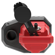Top view of a professional photography accessory featuring a black mounting bracket attached to a red and black device, possibly used for lighting or camera support.