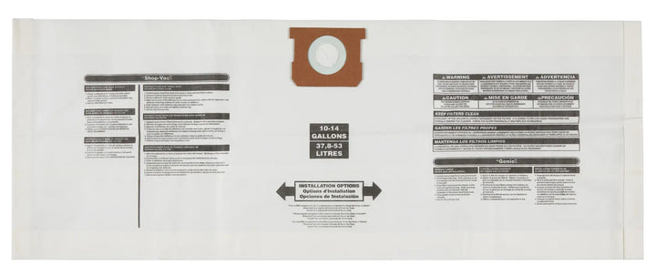 Photo of CRAFTSMAN vacuum filter bag CMXZVBE38768, flat view, white with printed instructions and brown collar.