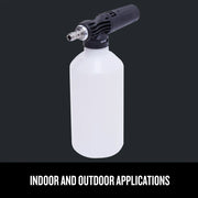 Photo of Craftsman foam cannon attachment CMZPWHPSB200, white plastic bottle with black nozzle, front angle.